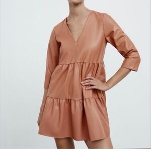 Zara Faux Leather Tiered V neck Dress
